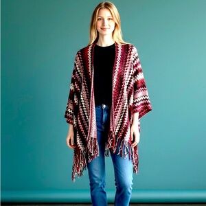 Chevron Fringe Knit Open Front Poncho/Sweater in Burgundy, Pink, Black, & Grey